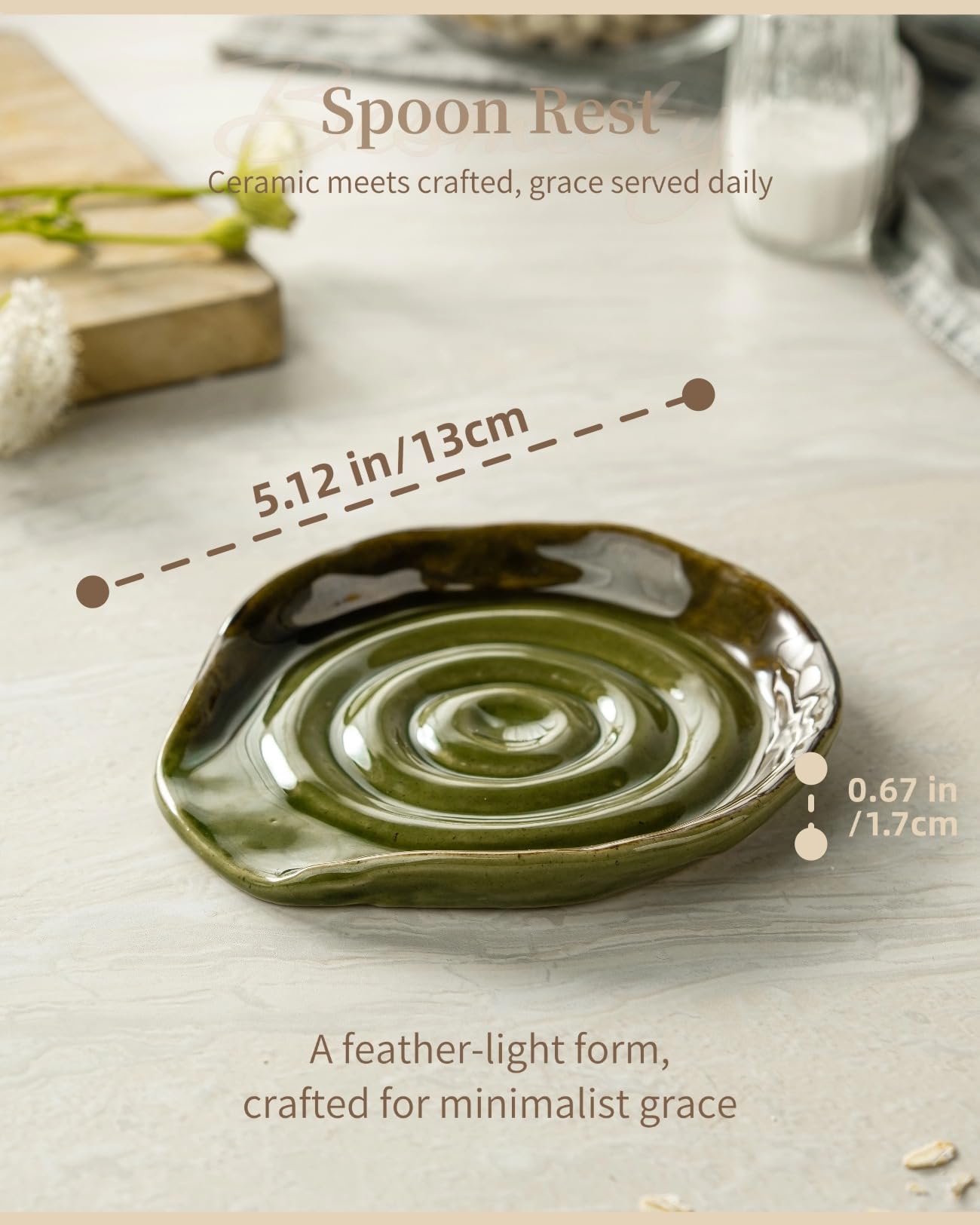 Besmeety Ceramic Spoon Rest for Stove Top, Spoon Holder for Kitchen Counter, Spatula Rest, Farmhouse Utensil Holder (Kiln Green)