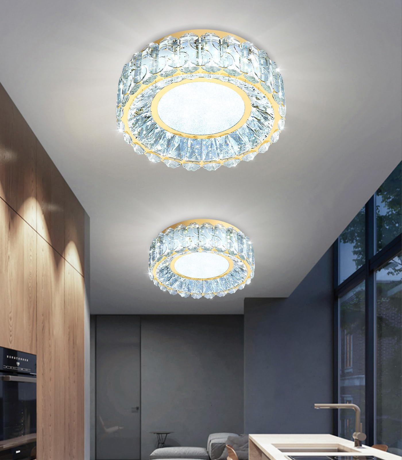 AFQEJG 12 Inch Dimmable Crystal Chandelier Modern LED Flush Mount Ceiling Light Fixtures for Bedroom Hallway Staircase Gold