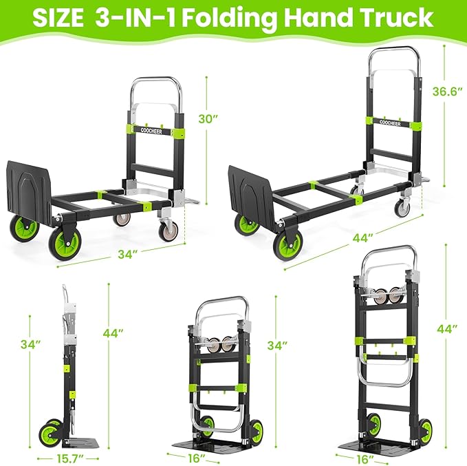 3-in-1 Folding Hand Trucks, 600Lbs Convertible Hand Truck Dolly, Heavy Duty