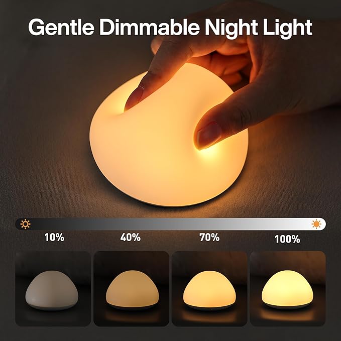 Baby Night Light for Nursery, Soft Silicone Tap Control Night Lamp with 8 Color Changing, Stepless Dimming, Rechargeable Portable Night Light for Kids, 1H-Timer, Warm Light for Breastfeeding