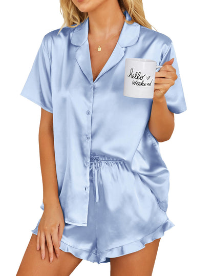 Ekouaer Womens Satin Pajamas Set Button Down 2 Piece Silk Pjs Shorts Set Ruffle Lingerie Notch Collar Sleepwear