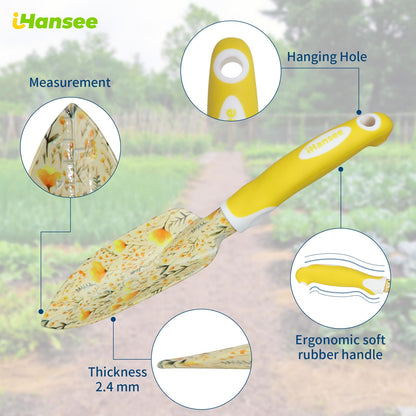 Yellow Garden Tools Set for Women, iHansee 10-Piece Gardening Tool Kit with Handbag, Non-Slip Ergonomic Handles, Gardening Gift for Women, Mom, Garden Lovers