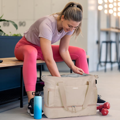 ETRONIK Gym Bag Womens, Travel Duffel Bag, Easyjet Cabin Bag 45x36x20 Underseat, Weekend Bag with Shoes Compartment, Hospital Bag with Wet Pocket & USB Charging Port, Overnight Sports Bag, Khaki