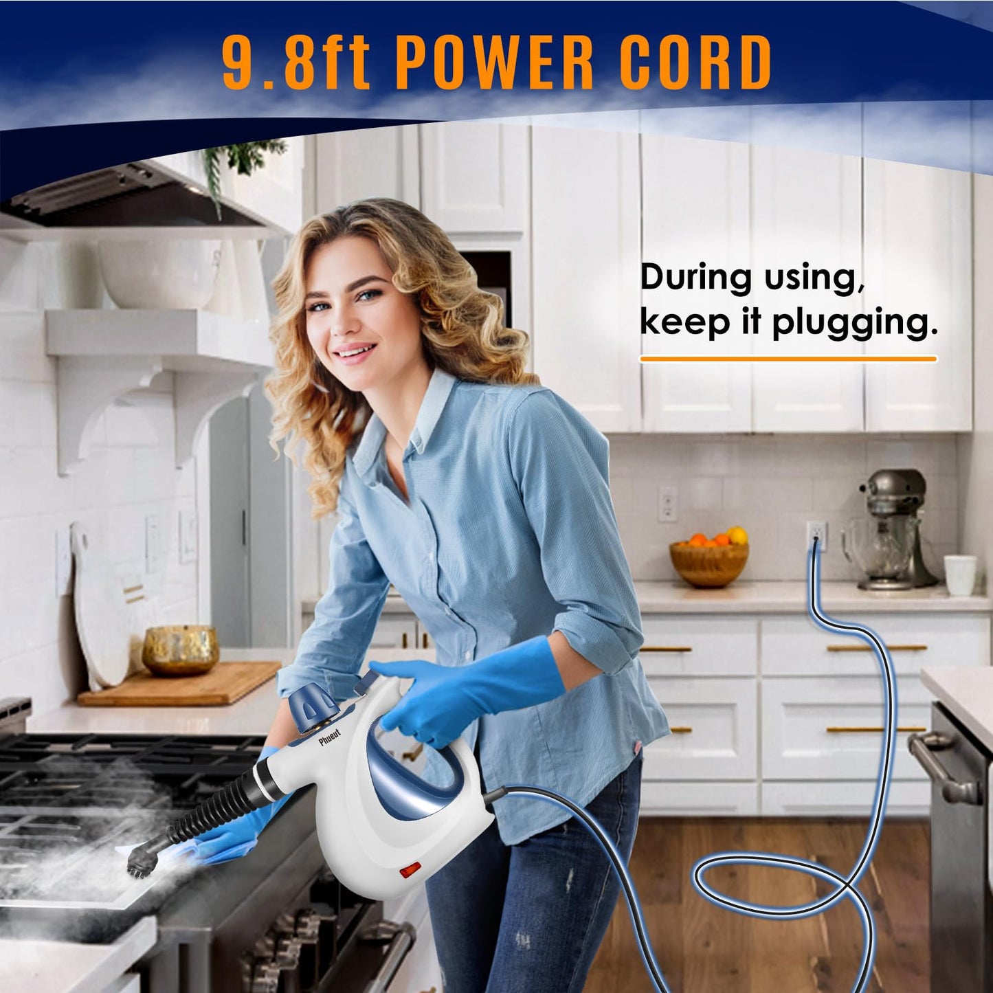 Pressurized Handheld Multi-Surface Natural Steam Cleaner with 12 pcs Accessories, Multi-Purpose Steamer for Home Use, Steamer for Cleaning Floor, Upholstery, Grout and Car (Grey)
