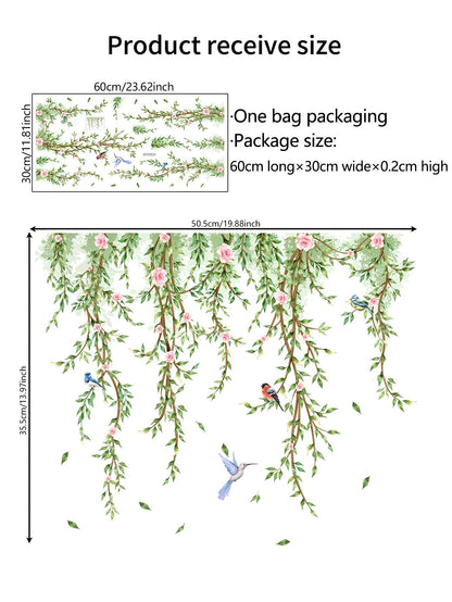 Hanging Vine Wall Stickers - Bird Green Leaves Flowers Decal Peel and Stick Removable Wall Art for Bedroom Living Room Nursery Window Glass Home Decor,30.5 cm x 50.5 cm