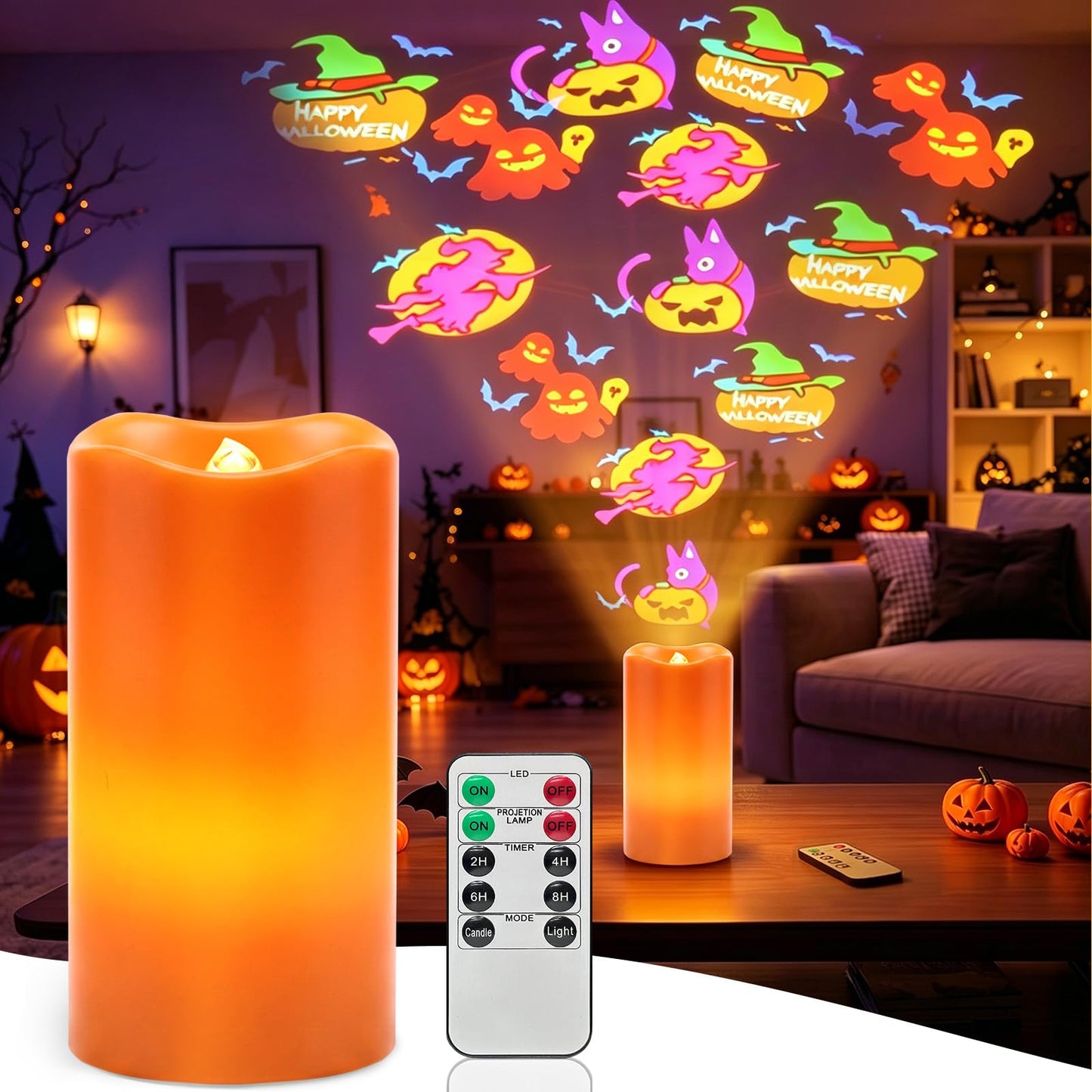 AVEKI Halloween Flameless Candles Projector, LED Pillar Candles with Remote and Timer, Battery Operated Romantic Projection Light for Wedding Home Decor, Gifts for Festival (Orange - Halloween)