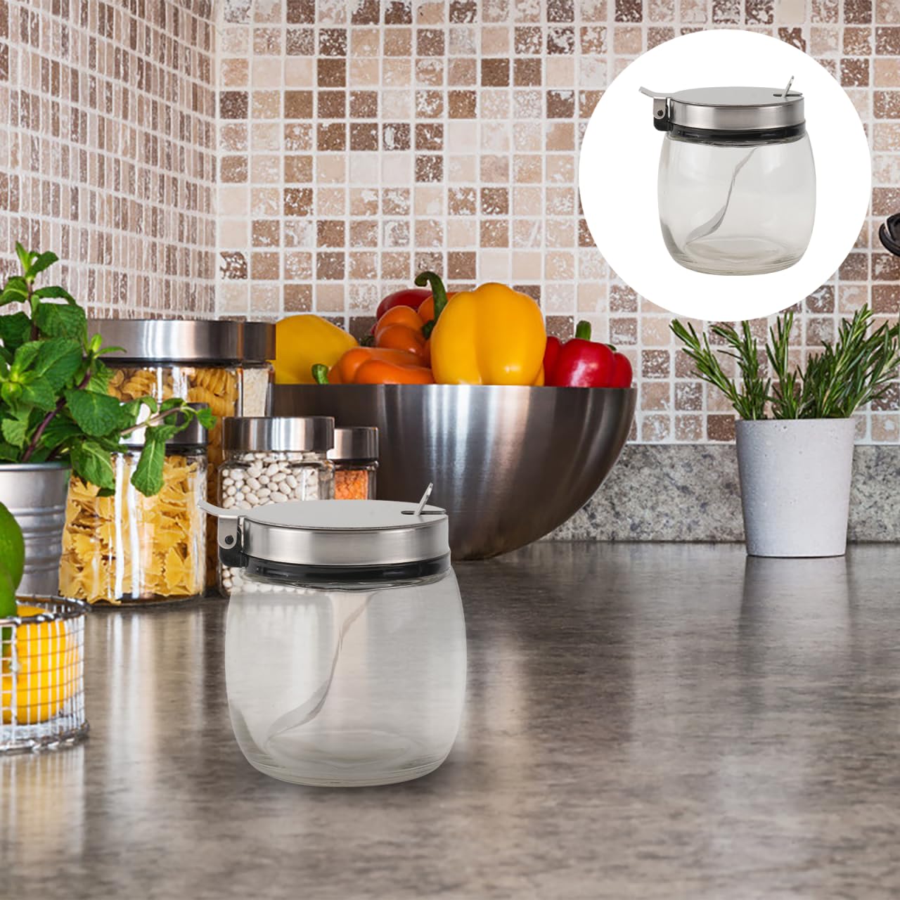 SHOWERORO Spice Jars with Spoon 2-Pack 2.75X2.75X3.14In Glass Round Condiment Containers with Lids for Kitchen Countertop Seasoning Storage and Organization