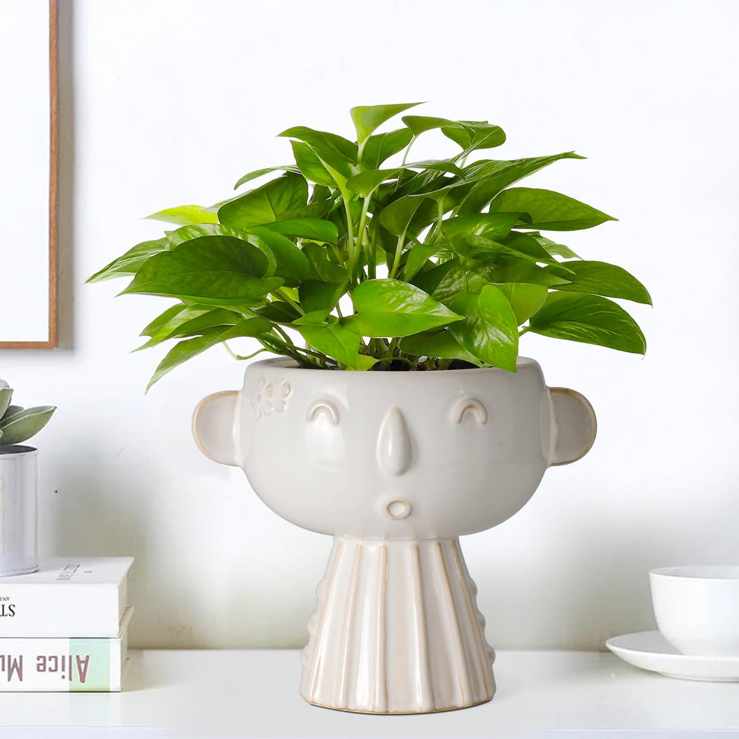 Fivepot Face Planter Pot 7 Inch - Cute Ceramic Flower Head Planter for Indoor Outdoor Succulent Pot with Drainage Hole Flower Pot Present for Mother Christmas White