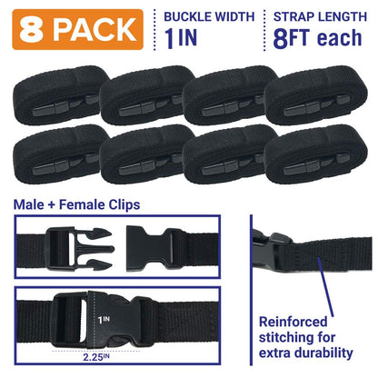 Boat Cover Straps, Adjustable Buckle, 8 Pack, 1" x 96" Nylon Utility Straps with Quick Release Buckles