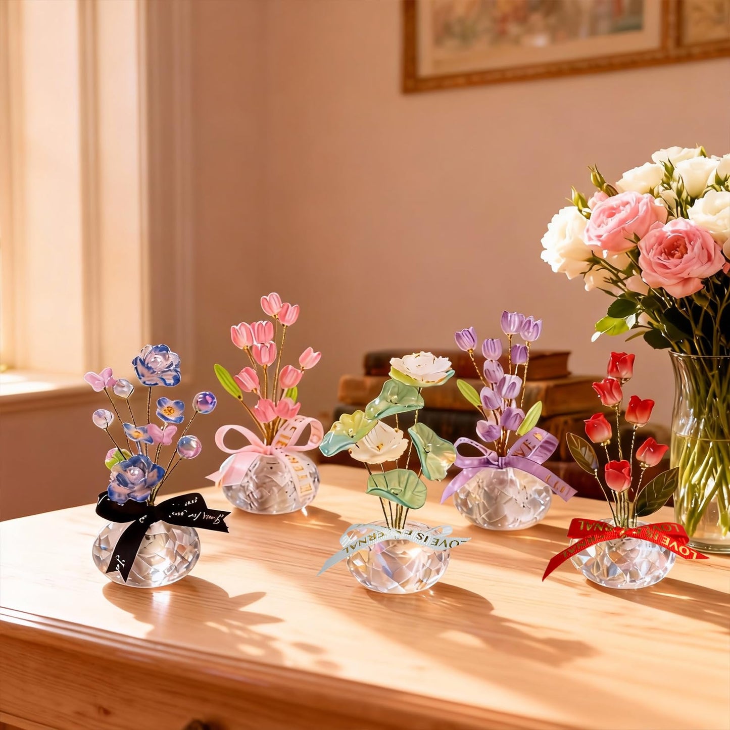 Crystal Flower Figurine - Handmade Mini Flower Decor with Crystal Base, Plastic Artificial Petals and Adjustable Wire, Cute Floral Ornament for Home/Office/Car, Ideal Gift for Women(Purple Tulips)