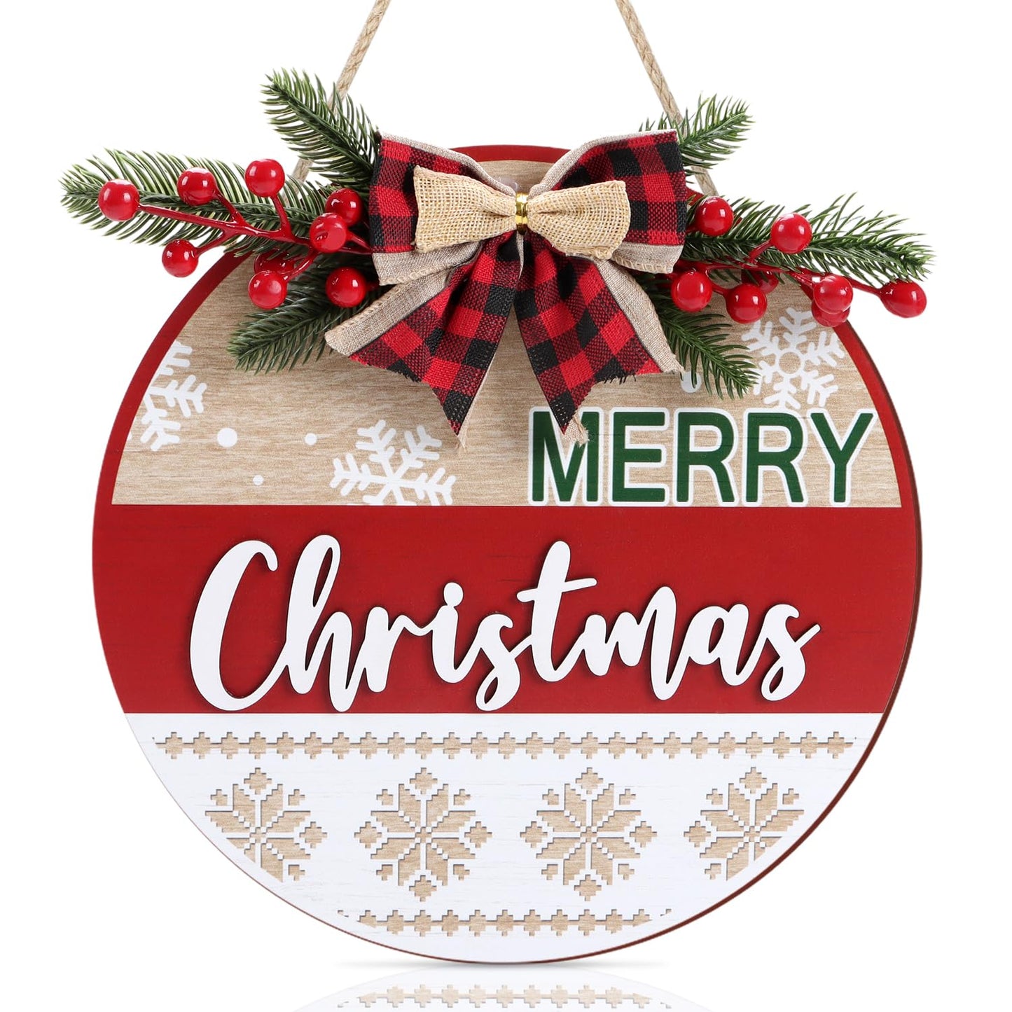 HOURIA 3D Merry Christmas Front Door Sign,11.5” Red Buffalo Plaid Christmas Wreaths with Snowflake Bow Red Berry Rustic Farmhouse Xmas Holiday Welcome Door Decorations for Home Indoor Outdoor Party