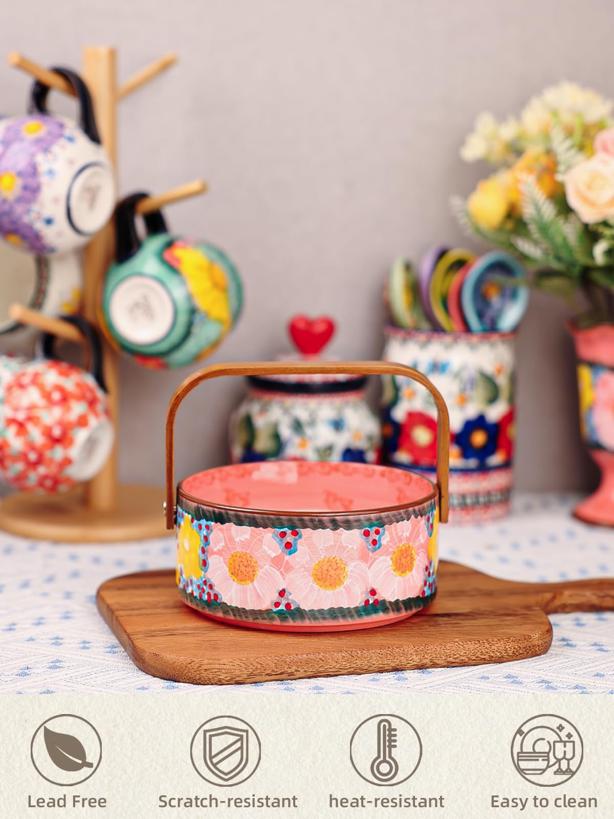 silesia Handmade Candy Bowl with Wooden Handle, 20 oz Hand-Painted Berry Bowl, Portable Handcrafted Serving Dish for Fruit, Nuts & Snacks, Rustic Farmhouse Decor (Glazed Pink)