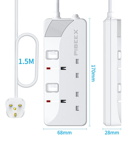 PIBEEX Extension Lead 2 Way Plug Sockets with Individual Switches Wall Mountable Power Strip 1.5M Extension Cable 13A Fused UK Plug 3250W