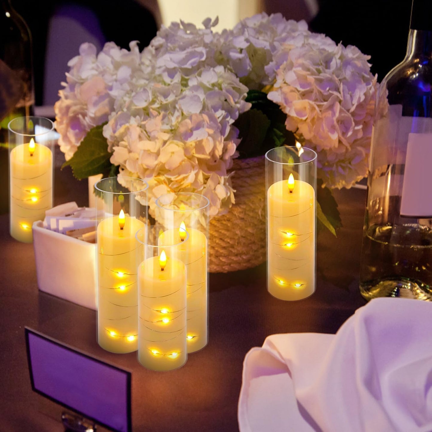CAKETYCG 24 Pcs LED Flameless Candles with Remote, 3D Flickering Flame & LED String Lights, Acrylic Clear Cylinder, Timer Function, Romantic Ambience for Home Decor, Party, Wedding (Ivory).