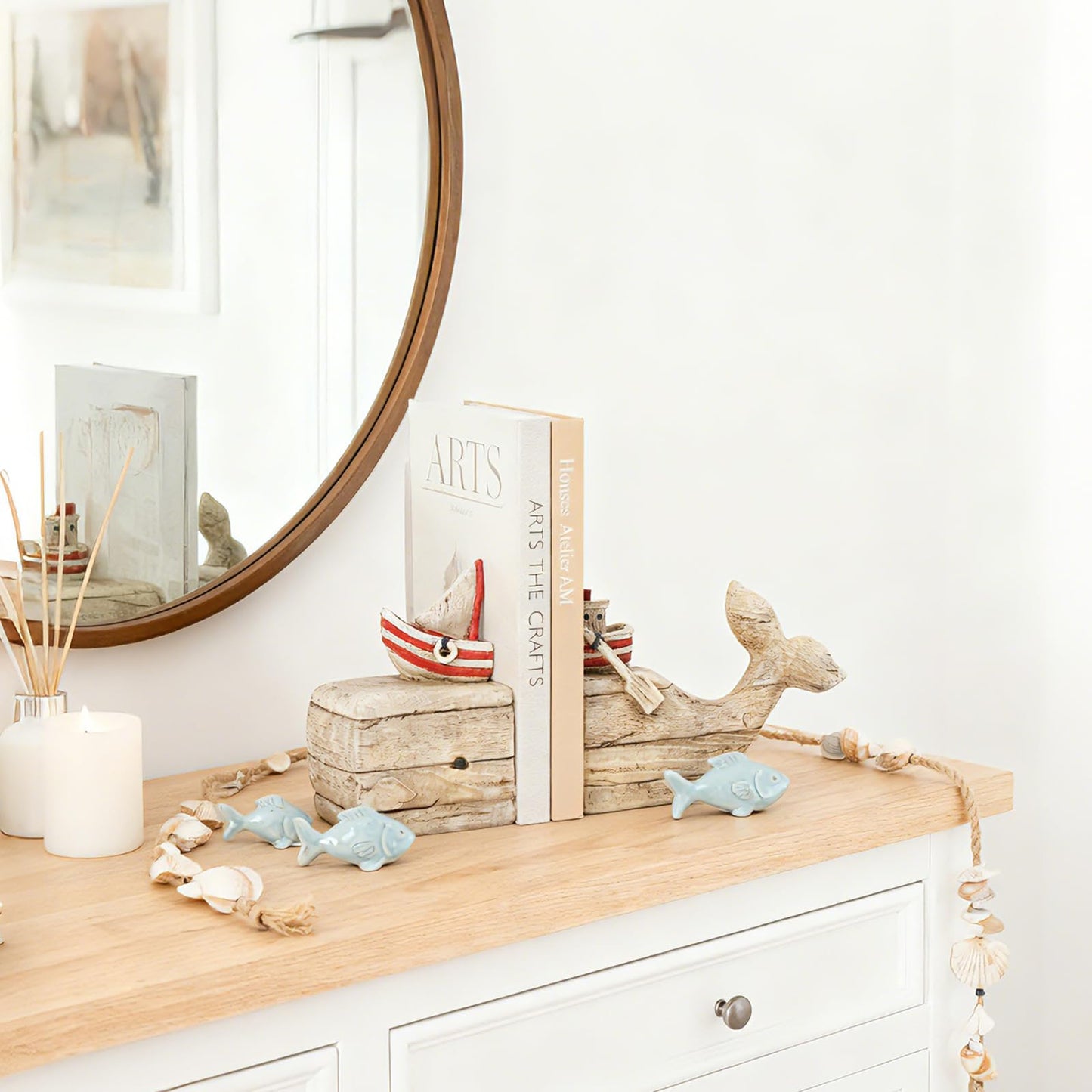 Guichifun Whale Decorative Bookends Book Holder - Distressed Finish Resin Cute Bookend Set with Sailboat Nautical Book Shelf Decor for Living Room Office Home Decoration Gift 11.8 X 3.9 X 6.5 inch