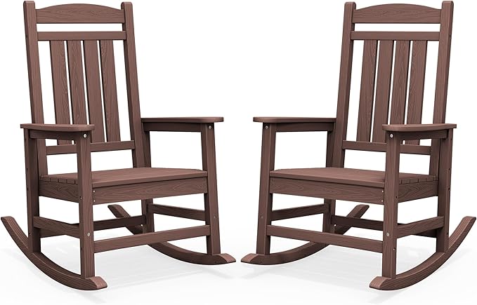 SERWALL HDPE Outdoor Rocking Chair Set of 2, Oversized Patio Rocking Chairs, All-Weather Porch Rockers for Adults, Coffee
