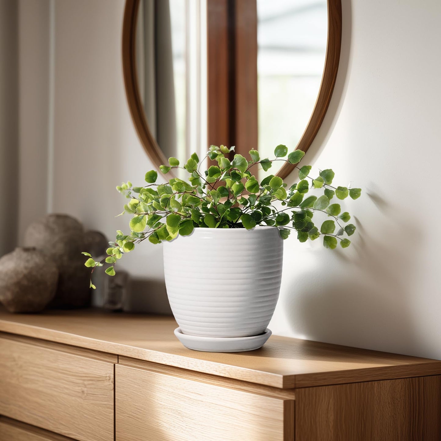 EPFamily Ceramic Pots for Plants - 6 Inch Plant Pot with Drainage Hole and Saucer, Round Planters for Indoor Outdoor, Flower Pots, Modern Planter, Home Office Room Decor, Gifts for Plant Lovers, White