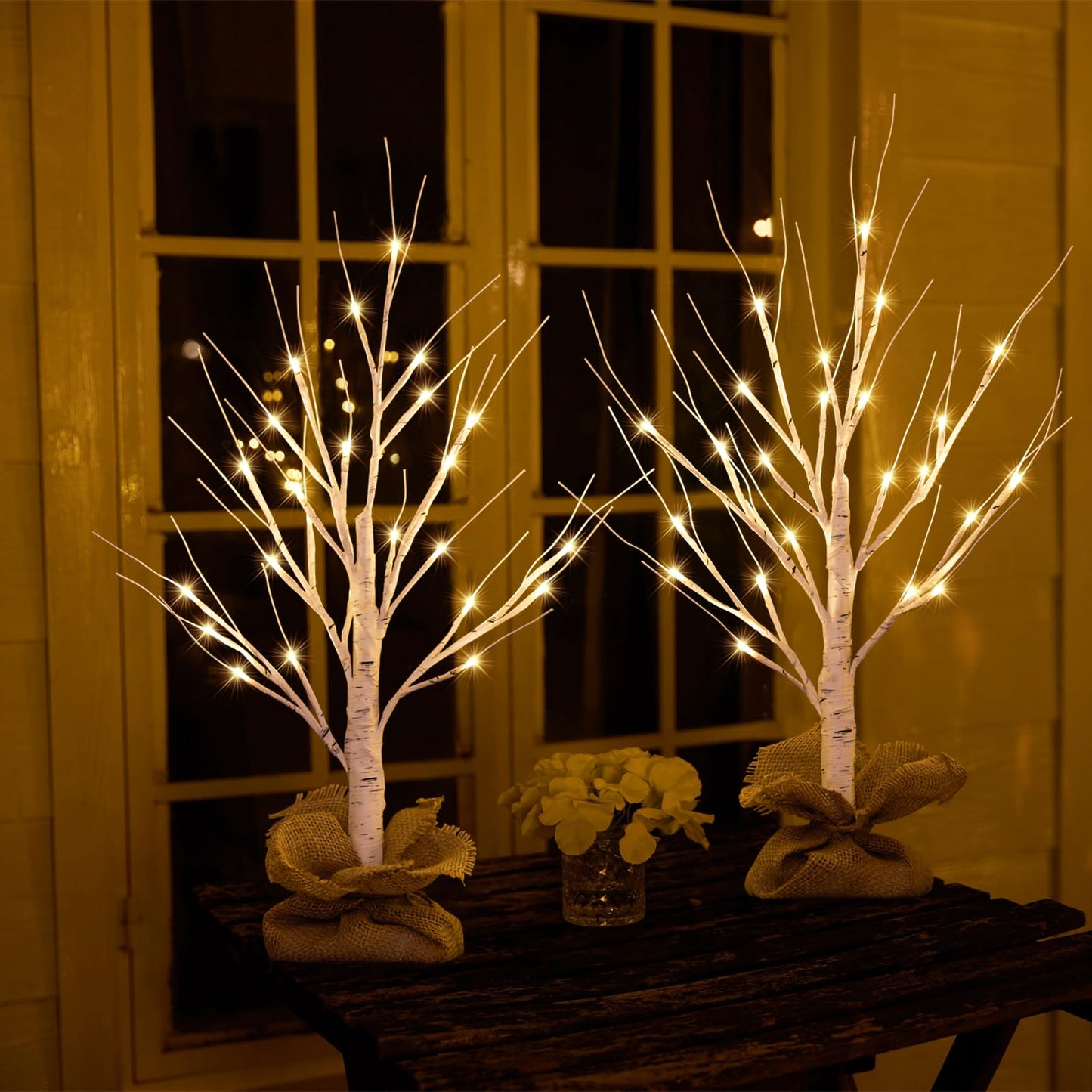 HOLILLUMA Lighted Birch Tree Christmas Decorations, 2Pack 2FT USB Rechargeable Tabletop Tree with LED Lights, Pre-Lit Artificial Mini Money Trees for Home Centerpiece Fireplace Party Decor(Timer)