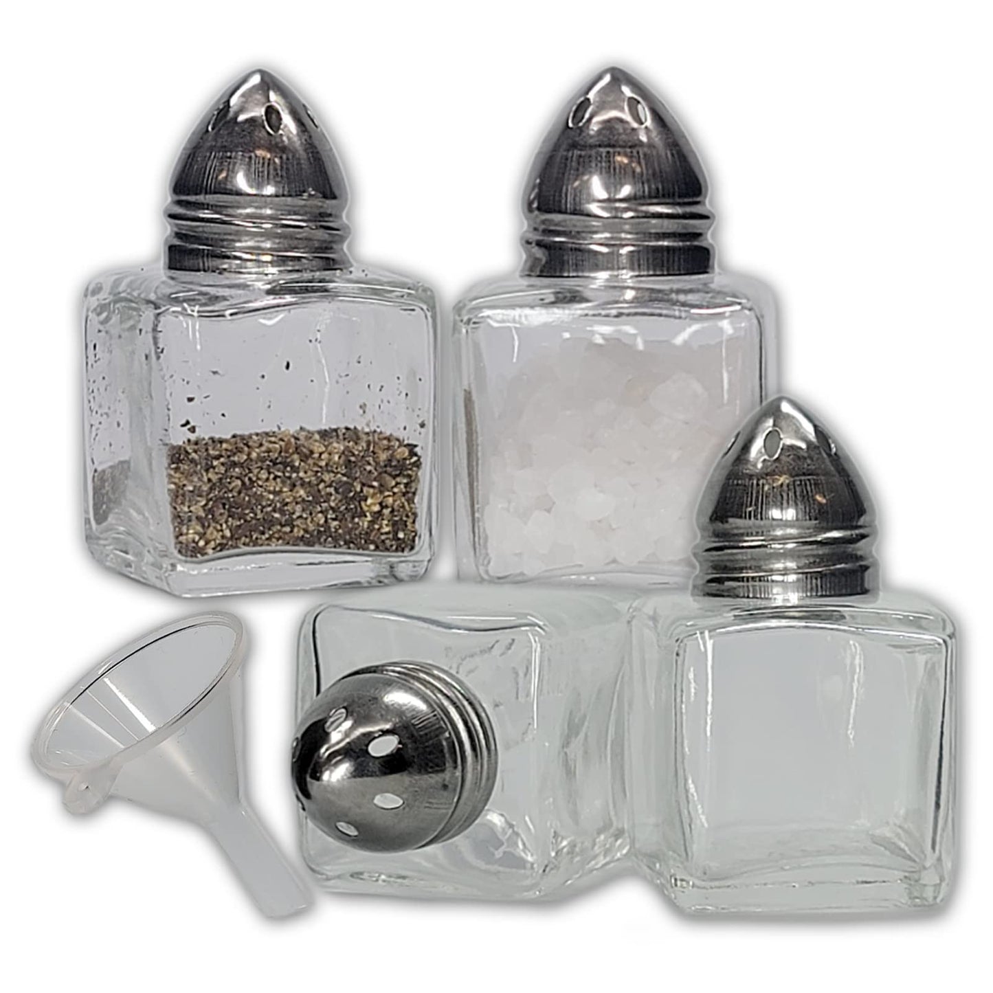 Pack of 4 Clear Glass Mini Cube Salt & Pepper Shakers with Stainless Tops and BONUS Easy Fill Funnel (Silver) by NetSellsIt
