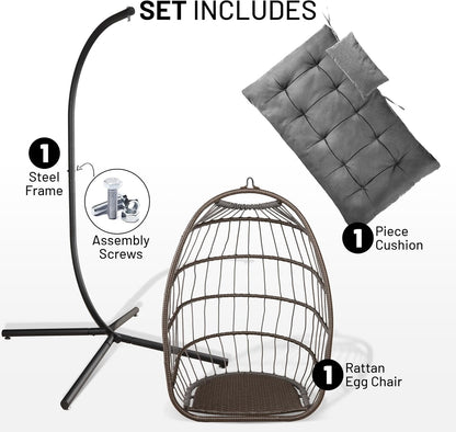 SereneLife Egg Chair with Stand – Hanging Rattan Wicker Swing for Indoor Outdoor Use – 350 lbs Capacity, Breathable Cushion & Headrest – Patio, Balcony, Porch, Bedroom Lounge Furniture