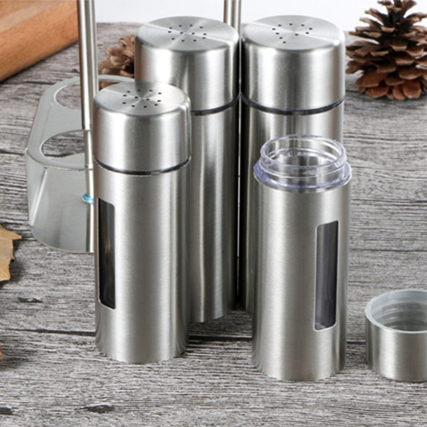 Salt and Pepper Shakers Set with Holder, Stainless Steel Spice Seasoning Bottle with Glass Window, Refillable Salt Pepper Dispenser Containers for Home Kitchen Countertop, BBQ, Bar, RV, Camp (S)