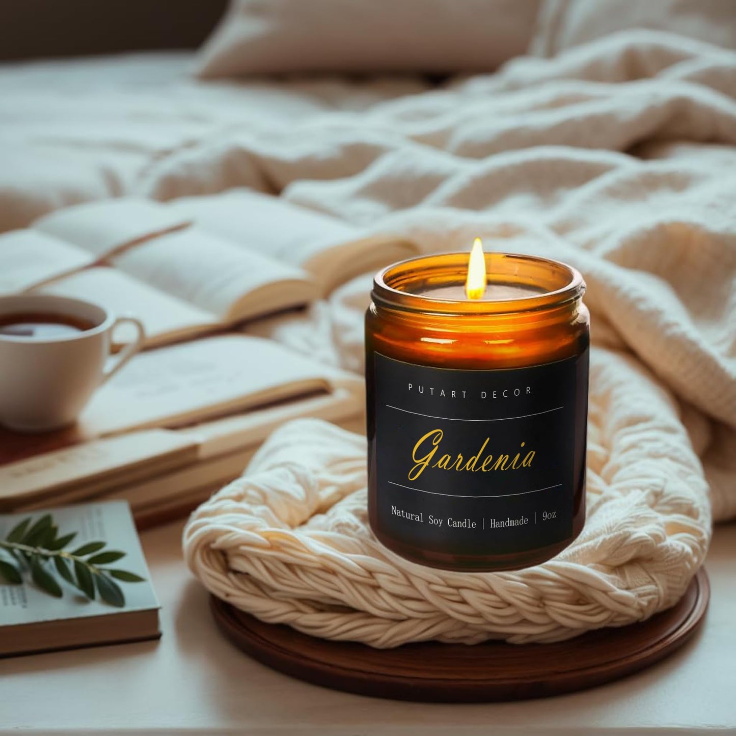 Putart Gardenia Scented Candles for Home, 9oz Natural Soy Wax Aromatherapy Organic Santal Candle for Stress Relief, Long Burning & Lasting Jar Candle Gifts for Birthday, Housewarmings, Thanksgiving