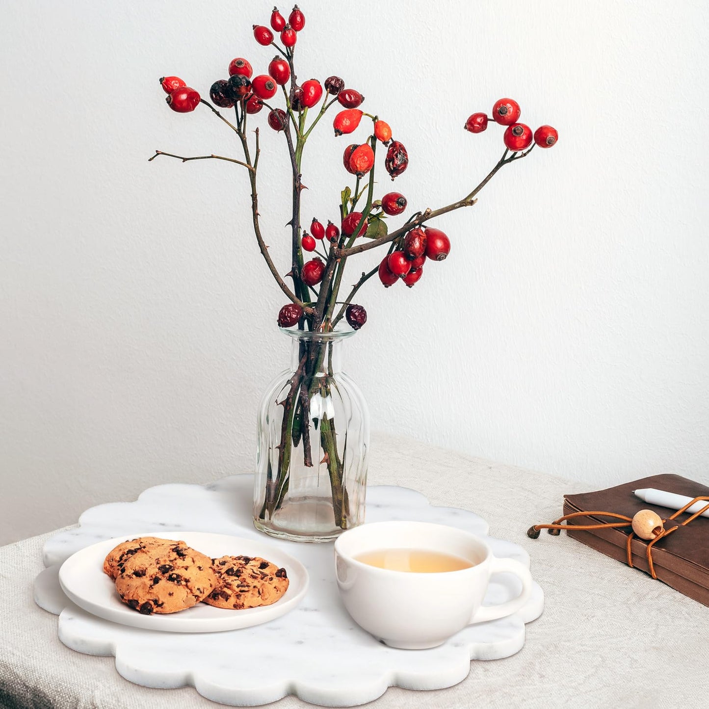 Newtay 12 Inches Marble Cutting Board Round Marble Tray White Scalloped Board with Non Slip Decorative Pastry Tray for Kitchen Pizza Cake Bread Baking Cheese Display