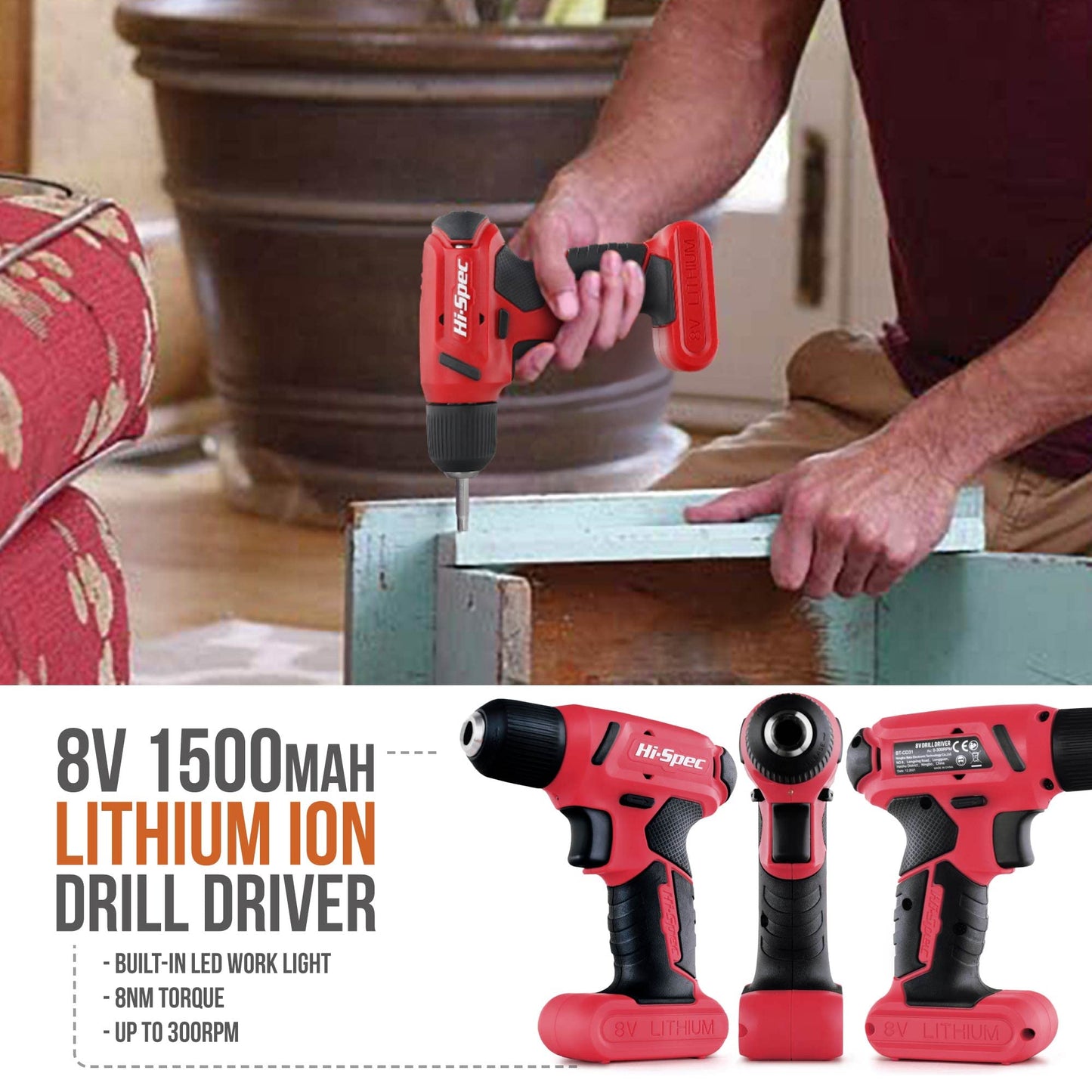 Hi-Spec 57pc Red 8V Electric Drill Set & Household Kit – DIY Hand Tools, Cordless Power Screwdriver, Essential Set with Drill Bits for Home Repairs, Maintenance & Projects