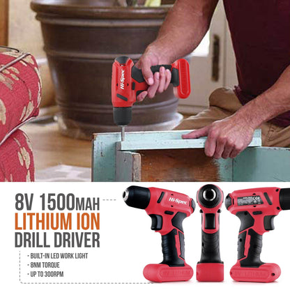 Hi-Spec 57pc Red 8V Electric Drill Set & Household Kit – DIY Hand Tools, Cordless Power Screwdriver, Essential Set with Drill Bits for Home Repairs, Maintenance & Projects