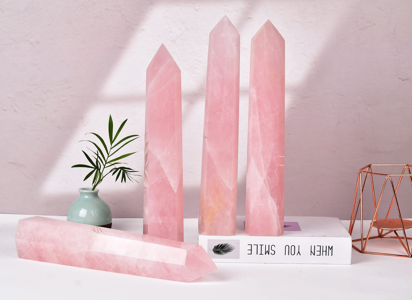 AMOYSTONE Large Healing Crystal Obelisk Tower Rose Quartz Point Wand Crystal Decor Reiki Gifts for Bignners 3.0-3.5 LBS
