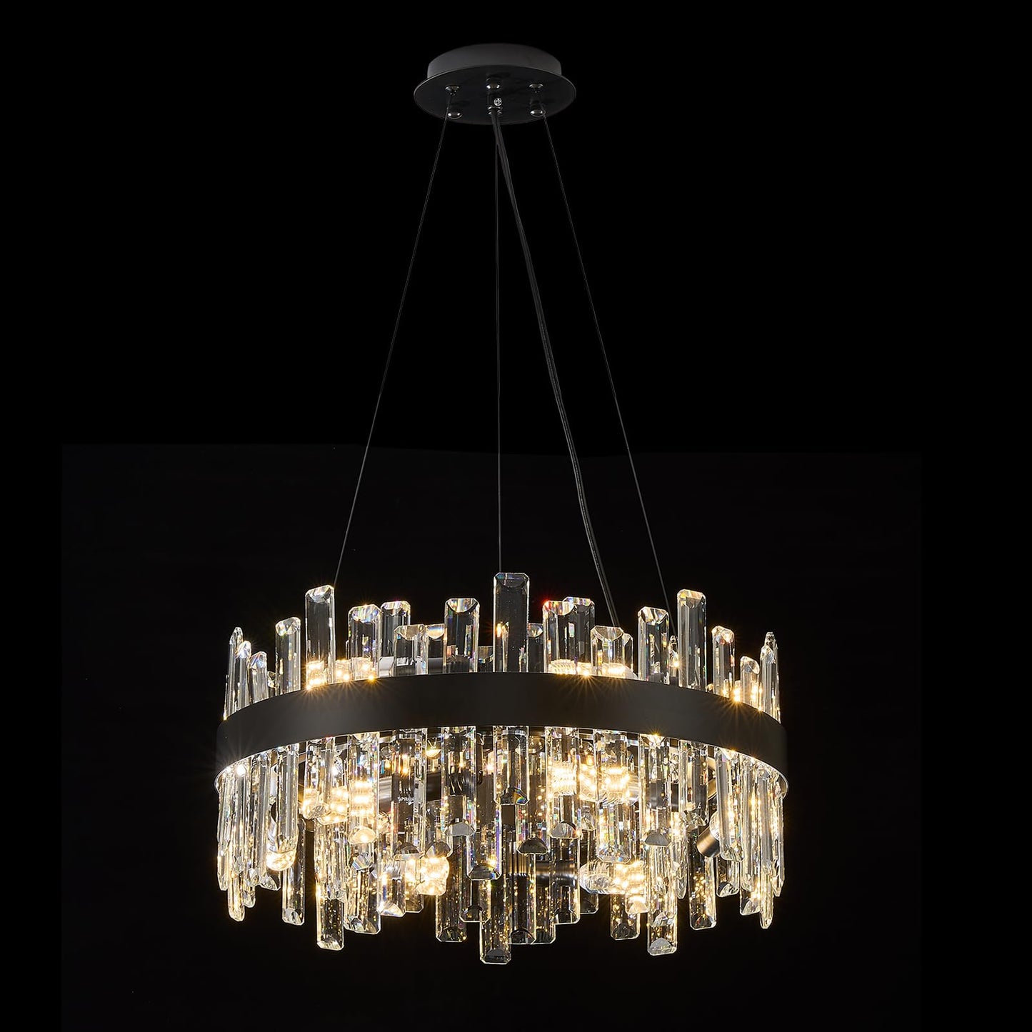 chandiry Round Crystal Chandeliers, D19.7 inch 12-Light Black Chandelier Lighting Fixture, Height Adjustable Pendant Ceiling Light for Living Room Dining Room Bedroom