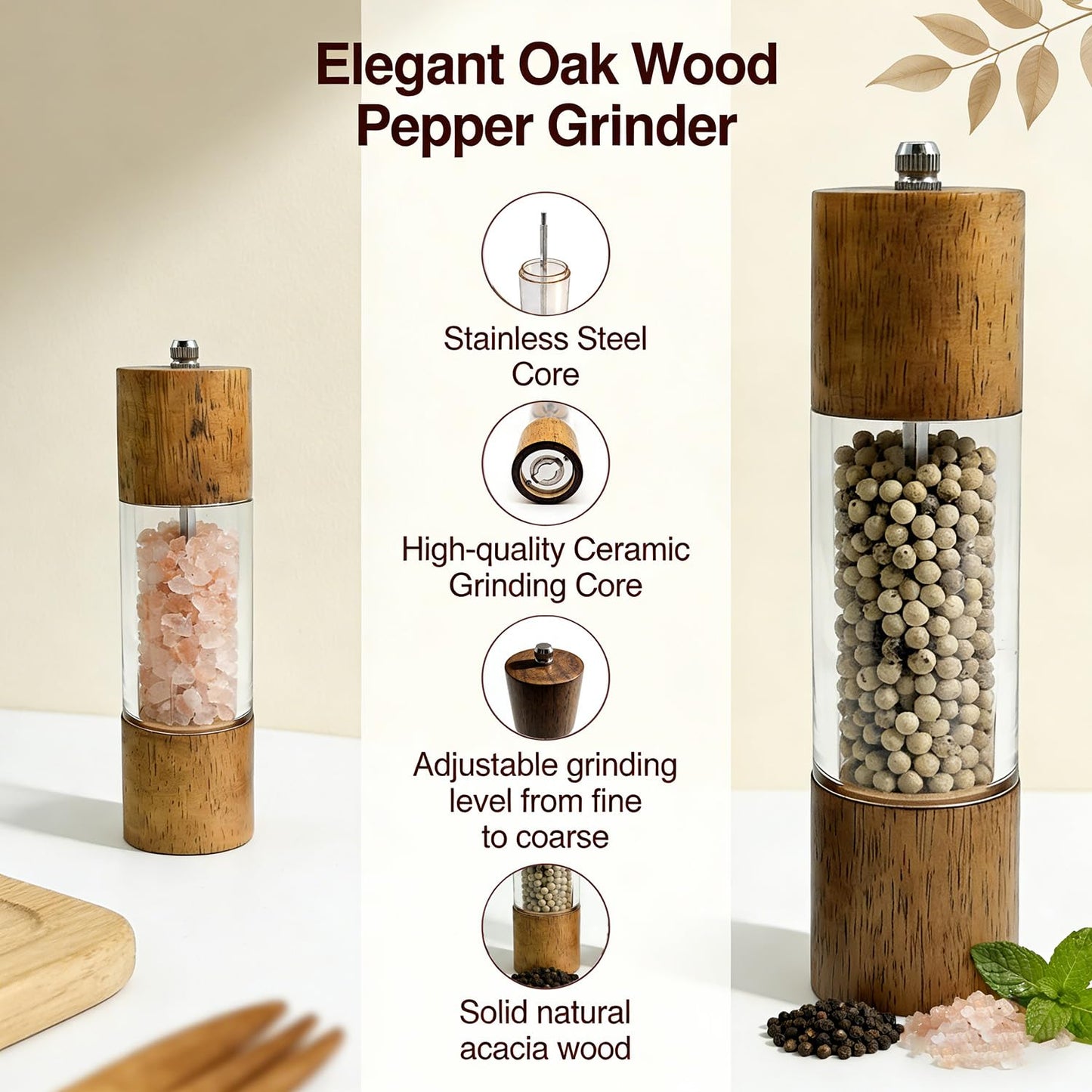 Forusom Acacia Wood & Acrylic Salt and Pepper Grinder Set, 8 Inch Adjustable Ceramic Core Mills, 2Pcs Premium Manual Spice Grinders for Gourmet Kitchens, Pepper Mill Set