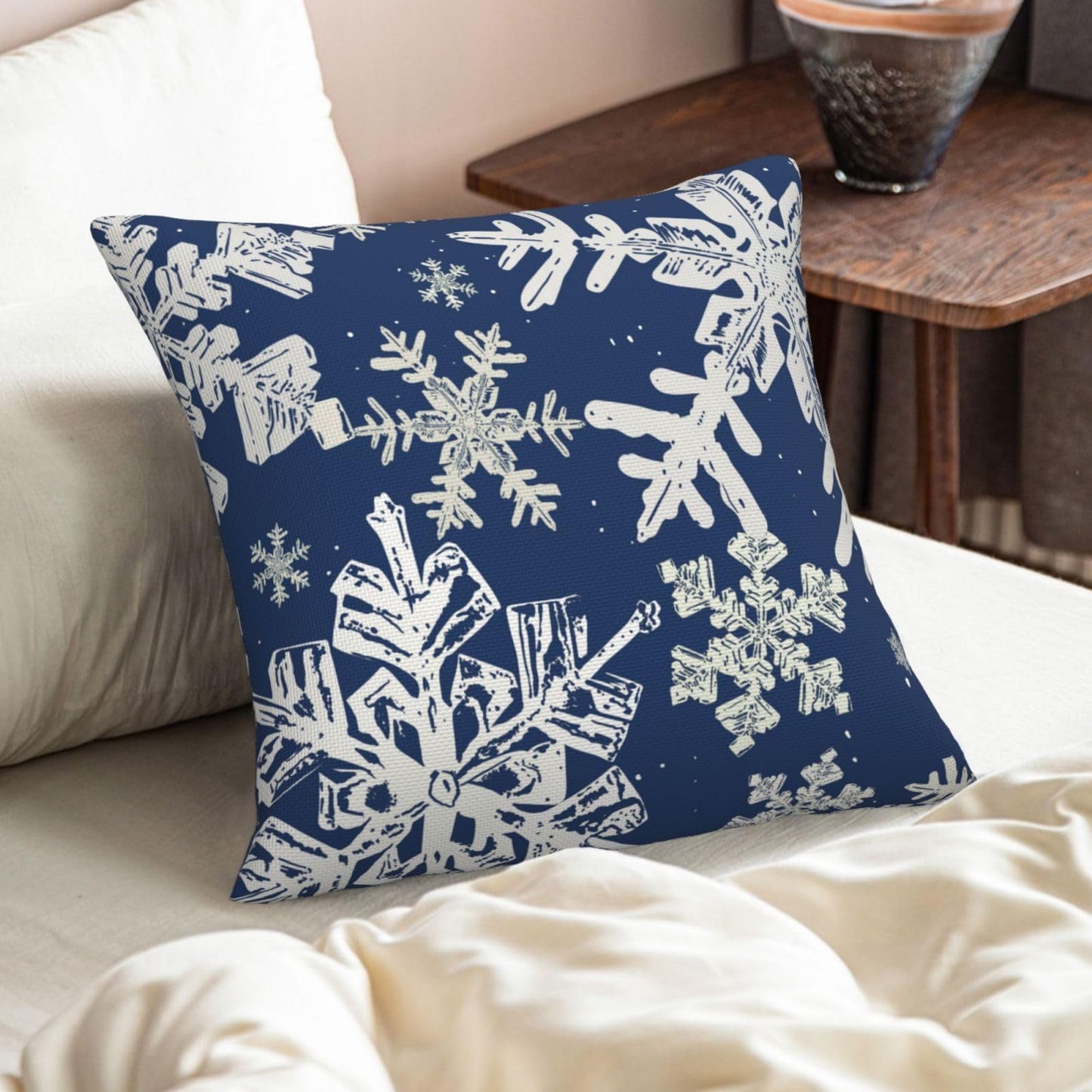 AELUTYSH Navy Blue Christmas Pillow Covers 18x18 Inch Set of 2 Winter Snowflake Decorative Throw Pillows Farmhouse Holiday Christmas Decor Cushion Covers Linen for Home Living Room Bed Outdoor