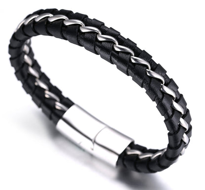 HALUKAKAH Kids ● Solo Junior ● Boy's Genuine Leather Bracelet Black 6-12 Y/O. Titanium Silver Chain Magnetic Clasp 7"/18cm with Free Giftbox