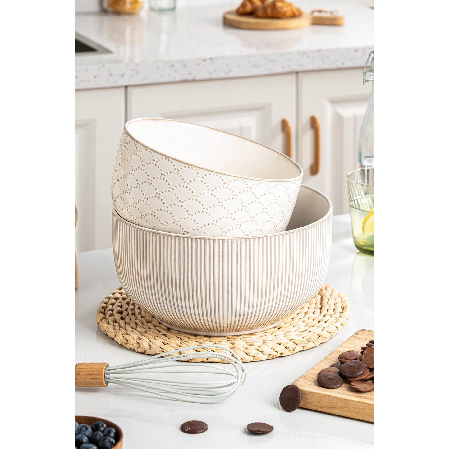 Mikiegy Ceramic Mixing Bowls Set of 2, Nesting Ceramic Embossment Stoneware Mixing Bowls for Cooking, Serving, Popcorn, Salad etc, Microwave & Dishwasher Safe, 98/145 oz, Off-White