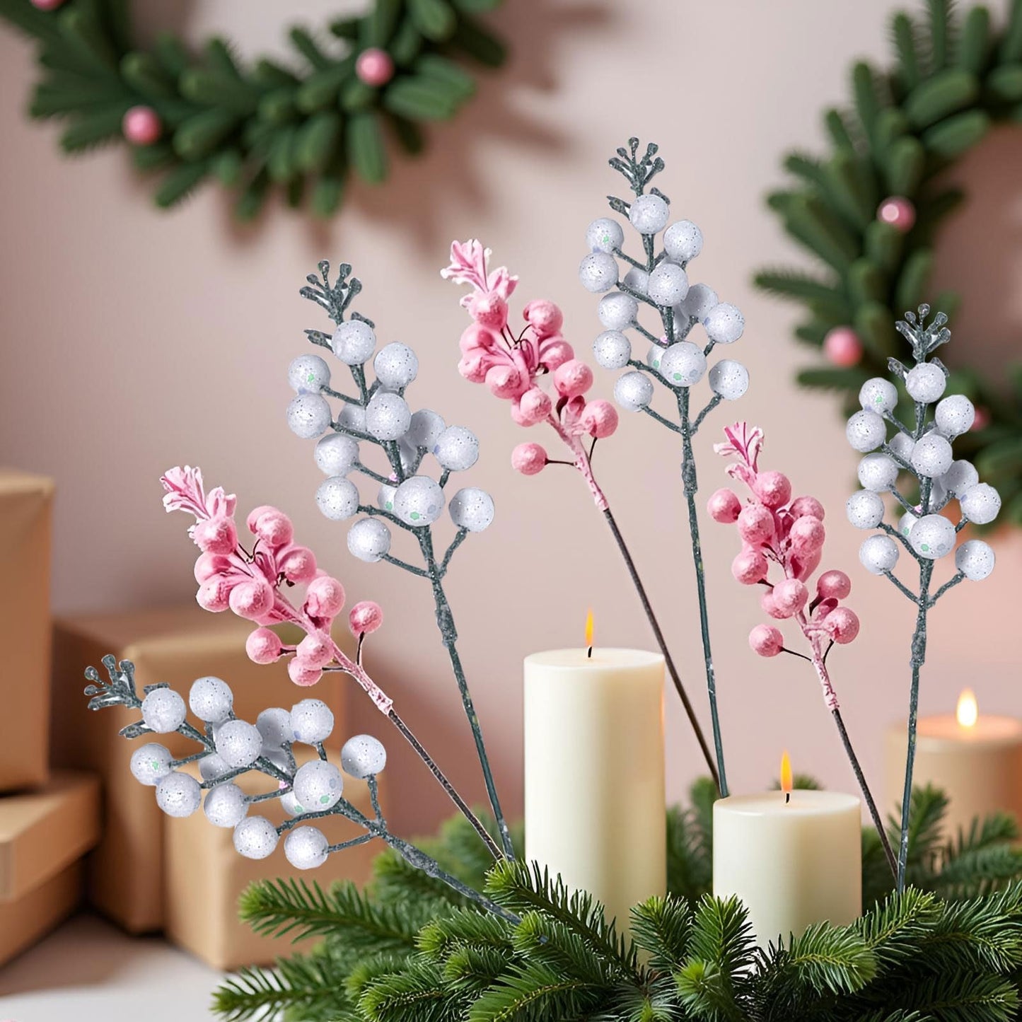 Uabwim 24Pack Christmas Picks Glitter Berries Stems Artificial White Berry Branches Holly Picks Stems Christmas Tree Ornaments for DIY Xmas Wreath Crafts Gifts Holiday Home Decor (White)