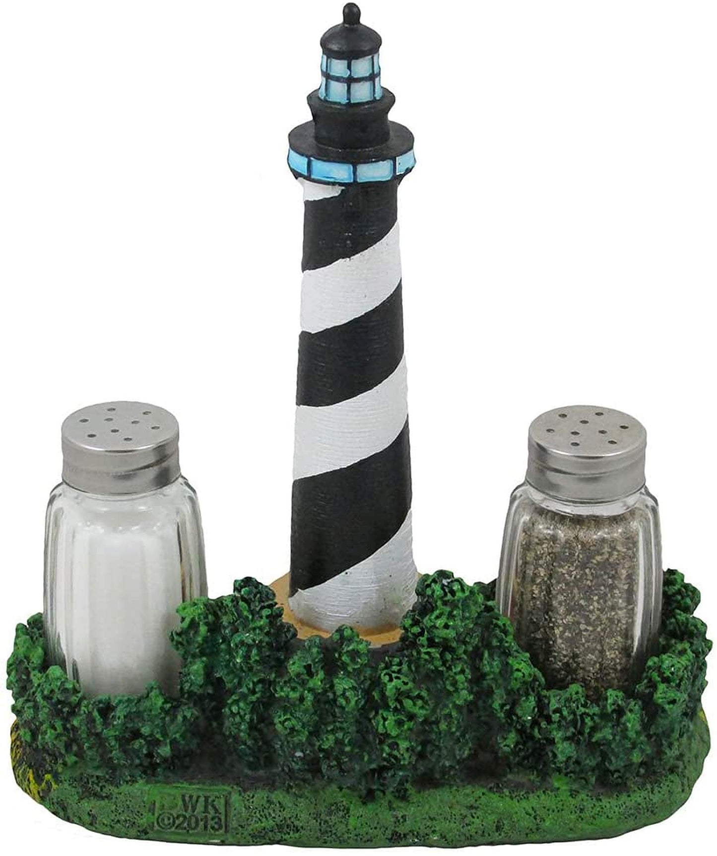 Nautical Cape Hatteras Lighthouse Glass Salt and Pepper Shaker Set Figurine with Holder in Decorative Kitchen Decor Sculptures and Collectible Coastal Gifts
