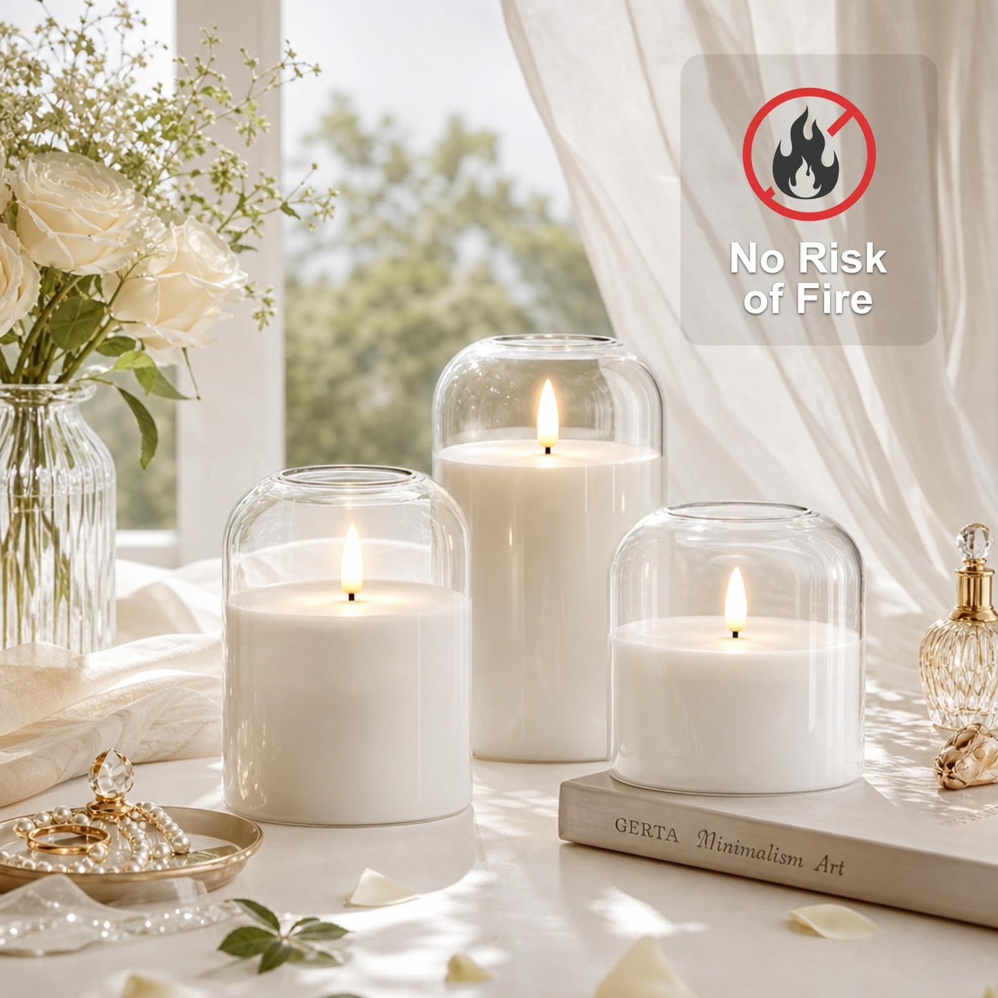 Flameless LED Pillar Candles with Remote and Timer, 3-Pack Clear Glass Battery Operated Candles, Classic Elegant Home Decor, Realistic Flickering 3D Wick for Wedding, Christmas Mantel, Shelf, White