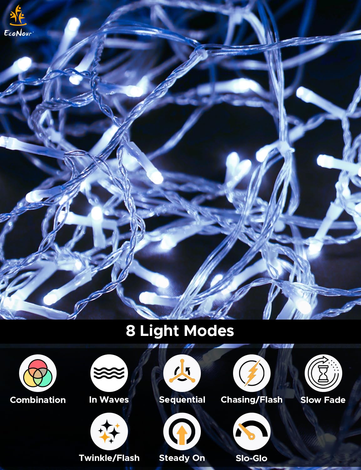 EcoNour Cool White Easter Icicle Lights for Outside, 114.82 FT 1000LED Outdoor Icicle Lights with 8 Mode, 8HR Timer, Memory Function, Clear Wire connectable, Plug in Fairy Lights for Roofline, Party