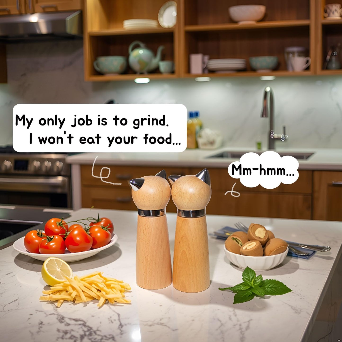 Hoivvy Manual Pepper Mill & Salt Grinder - Wood Adjustable Refillable Pepper Mill for Cat Lovers,Cute Kitchen Gift &Kitchen Counter Decor(7.6" Height)