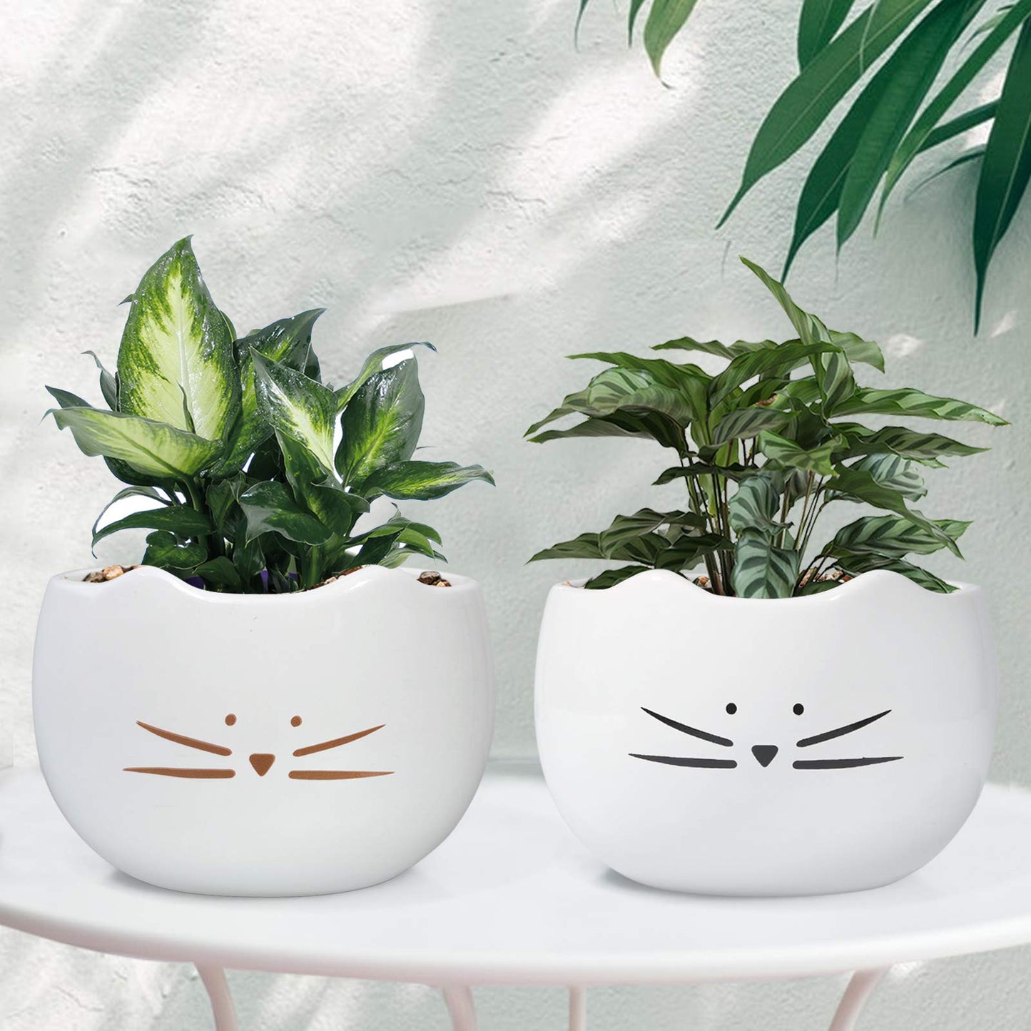 Koolkatkoo 5.5 Inch Cute Cat Succulent Planter Pots Cactus Planters Flower Pots White Set of 2