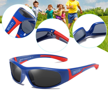 DUCO Kids Sports Style Polarised Sunglasses Rubber Flexible Frame For Boys Girls Baby and Children K001 (Blue Red 001 For Age 3-10)
