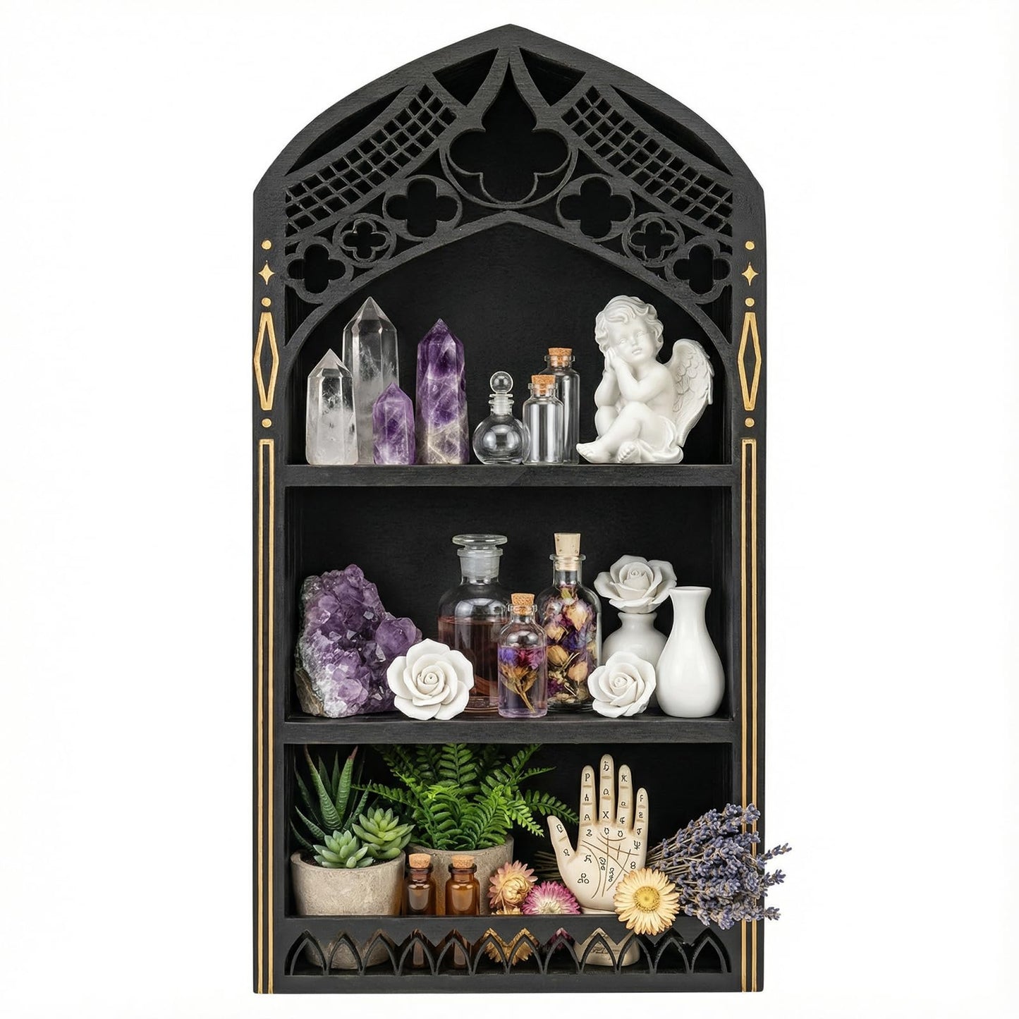 HBSGS Gothic Window Crystal Display Shelf, 1.96" Deep Wooden Wall Mounted Gemstone Crystal Holder, Witchy Decor Trinket Organizer for Healing Stones -2026 Upgraded (Window-7.9" W x 15.7" H)