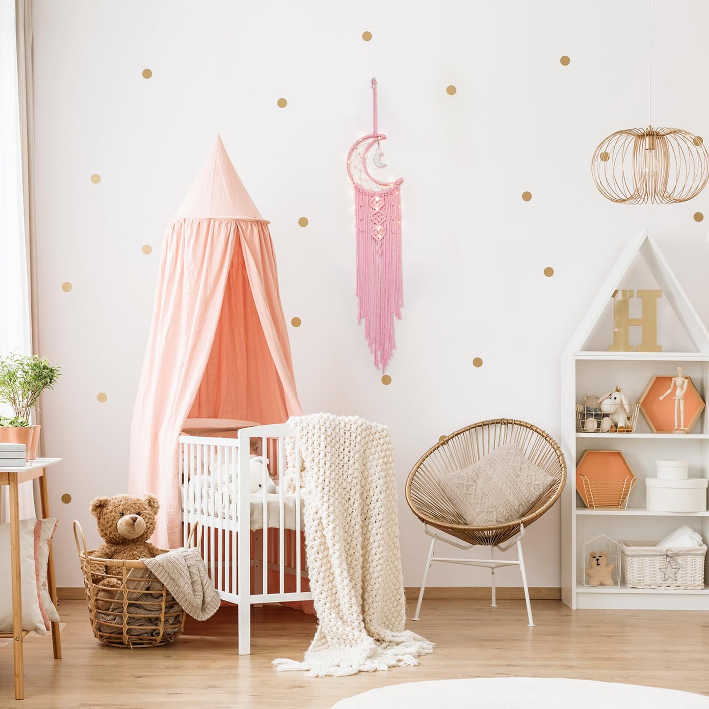 ANROYE Macrame Moon Dream Catcher for Girl, Pink Boho Crescent Dreamcatcher for Bedroom Adult, Handmade Kids Nursery Room Wall Hanging with Star Pendant for Teen, Bohemian Home Decoration Idea