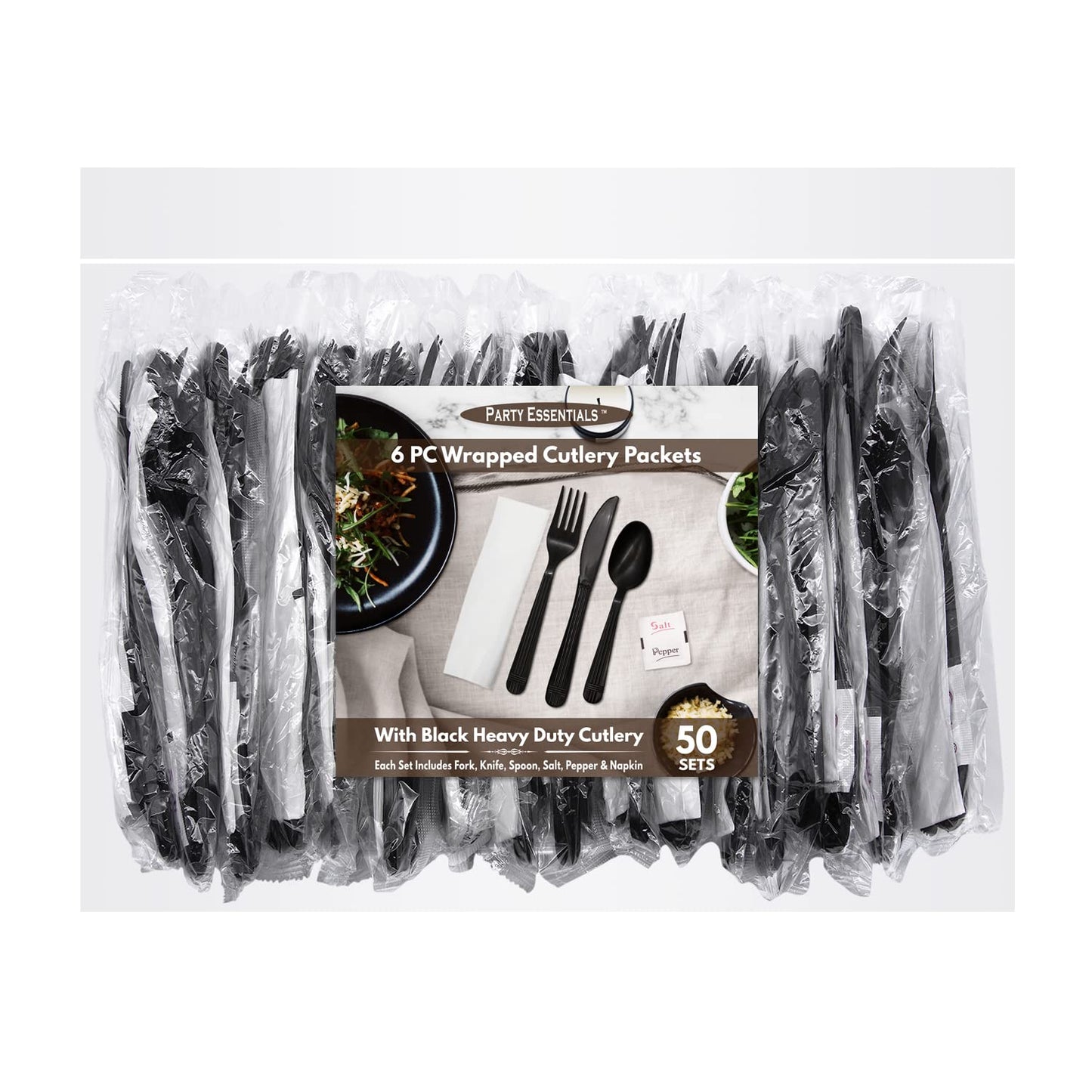 Party Essentials Individually Wrapped Plastic Cutlery Packets/Heavy Duty Silverware Kits, Fork/Spoon/Knife/Napkin/Salt/Pepper, 50 Utensils Sets, Black
