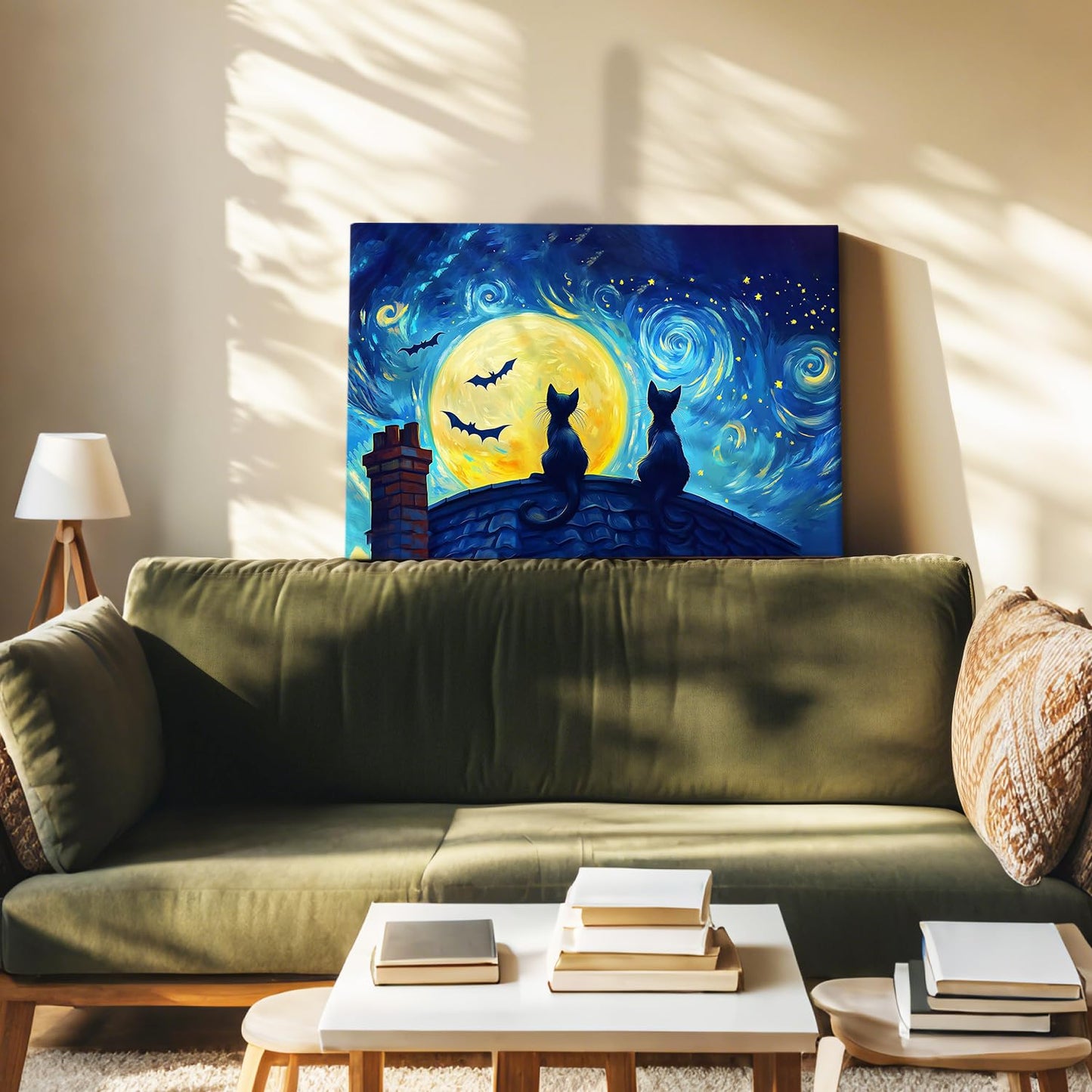 EEYNAQQ Starry Night Black Cat Wall Art, Van Gogh Style Halloween Canvas Painting, Moon Bat Rooftop Cat Wall Decor for Living Room Bedroom Children's Room, 12x16 Inches Ready to Hang