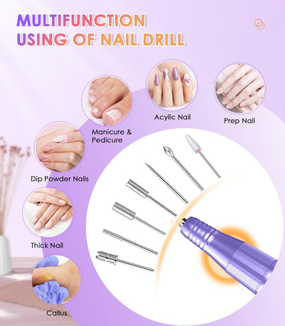 Portable Nail Drill Electric File: 40000RPM Professional Rechargeable Nail E-File Machine, Cordless Nail Drill with Bits & Base for Acrylic Nails Remove Nail Gel Polish Manicure for Salon Home, White