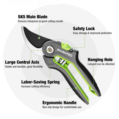 WORKPRO 2-Piece Secateurs & Pruning Scissors | Heavy Duty 210mm Bypass Secateurs with SK5 Blades and 160mm Shears | Labor-Saving Scissors with Safty Lock | Essential Garden Tools for Pruning Flowers