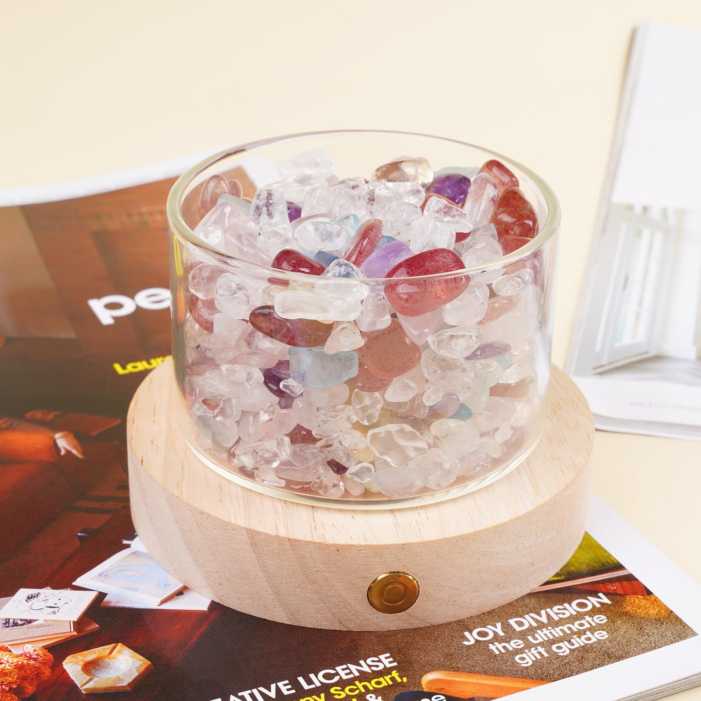 Lamptobe Healing Crystals Lamp with Wooden Light Base, Crystal Gift for Women Chakra Crystal Gemstones Set for Meditation Spiritual Reiki Positive Energy Office Home