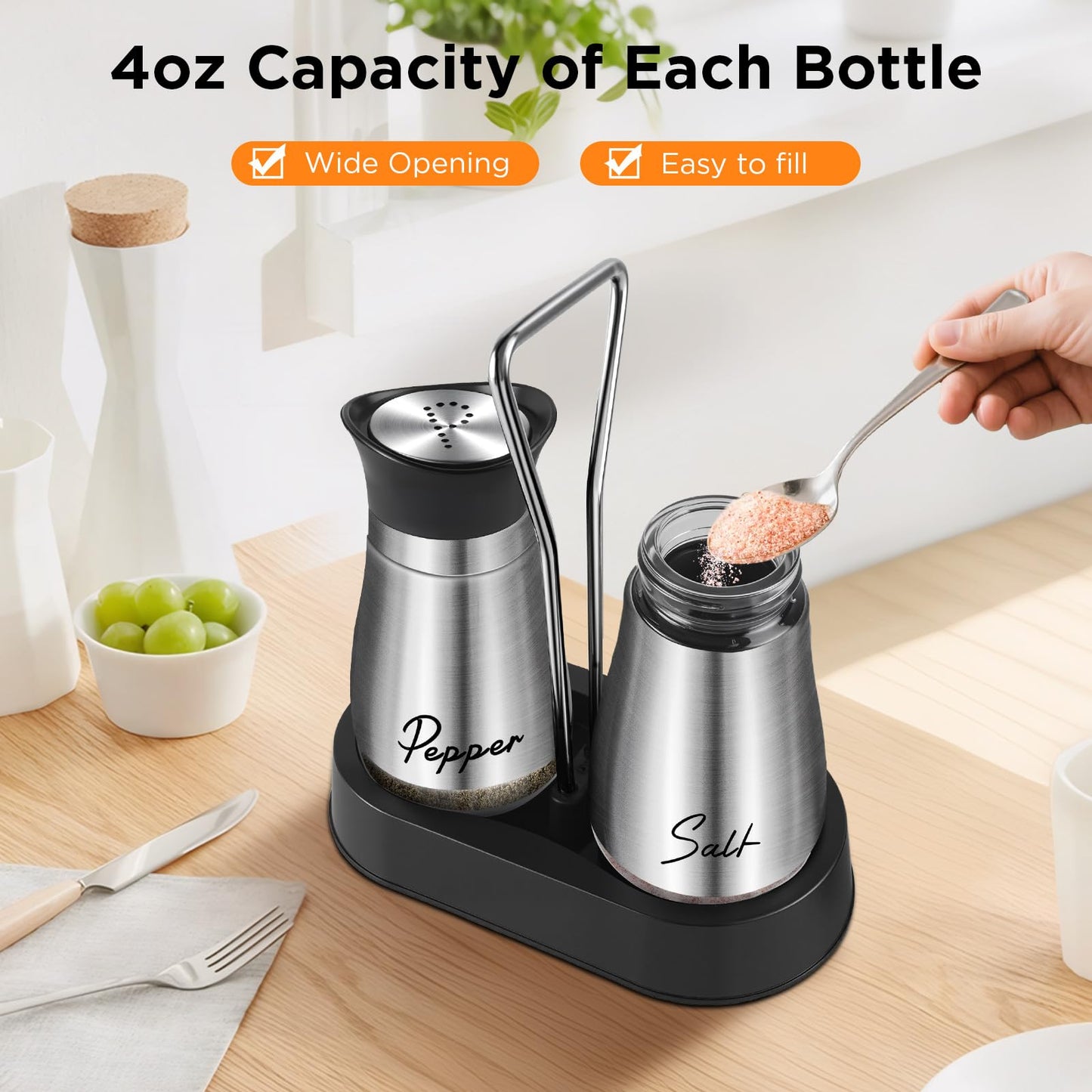 Salt and Pepper Shakers Set, 4 oz Stainless Steel Salt Shaker, Farmhouse Salt Pepper Shaker Containers with Glass Bottom for Kitchen Gadgets Cooking Table, BBQ, Bar, RV, Camp (Silver)
